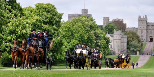 © Jennifer Singleton – Please do not copy or save without permission three of the many coaches, heading down the Long Walk, with a portion of Windsor Castle in the background