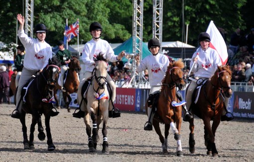 the members of the team from England celebrate their victory in the Pony Club games, which go on throughout the show (with the final on Sunday) and which pit England against teams from Wales, Scotland, Ireland, and Northern Ireland