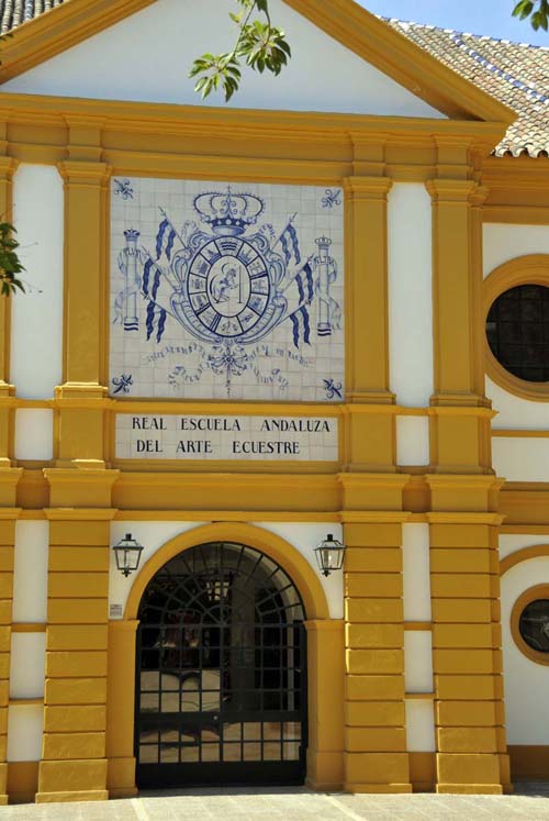 a beautifully decorated entrance to the exhibition hall at the Royal Andalusian School of Equestrian Art in Jerez de la Frontera