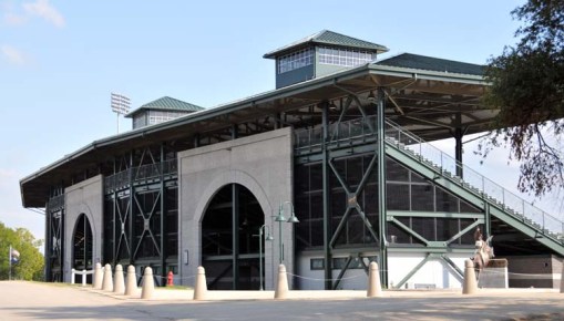 the grandstand structure of the KHP's new outdoor arena, as seen from the "people entrance" on Nina Bonnie Blvd
