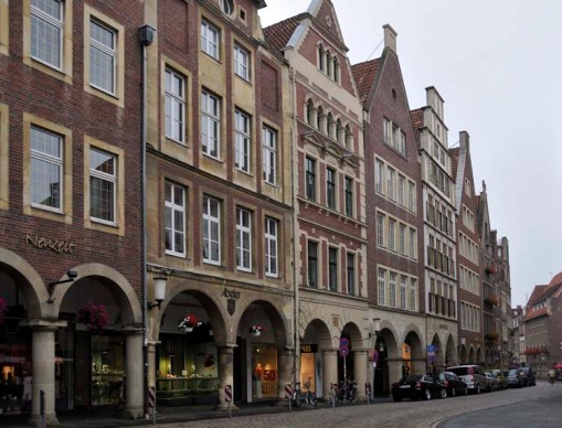 © Jennifer Singleton – Please do not copy or save without permission a long line of old buildings, and newer buildings built to look old, in Münster's old town
